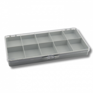 HOROTEC -  Boite plastique empilable avec 10 cases, fond gris clair et couvercle transparent (17.566)