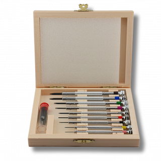 BECO TECHNIC - Assortiment de 9 tournevis d'horloger avec mèches de rechange, en coffret bois (205940)
