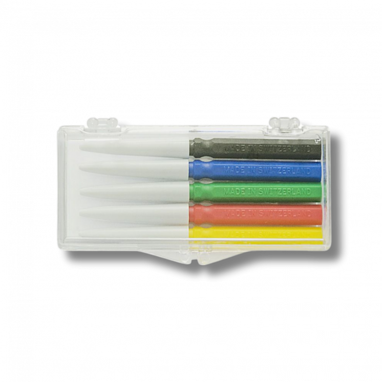 BERGEON - Assortiment de 5 pique-huile d'horloger, en coffret plastique