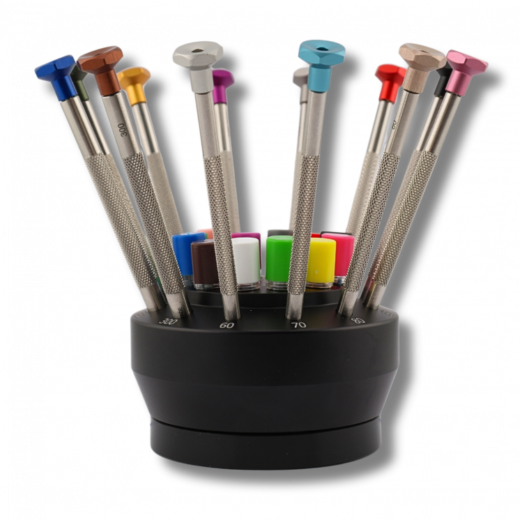 BECO TECHNIC - Assortiment de 12 tournevis en acier inoxydable sur socle tournant en aluminium (205957)