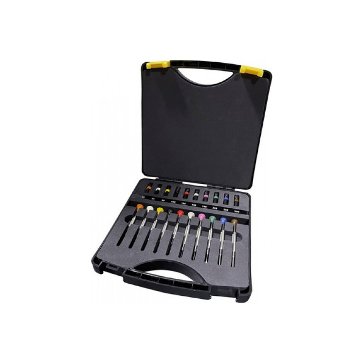 BERGEON - Assortiment de 10 tournevis en mallette, avec mèches de rechange, tailles de Ø0.50mm à 3.00mm (30081-AM10)