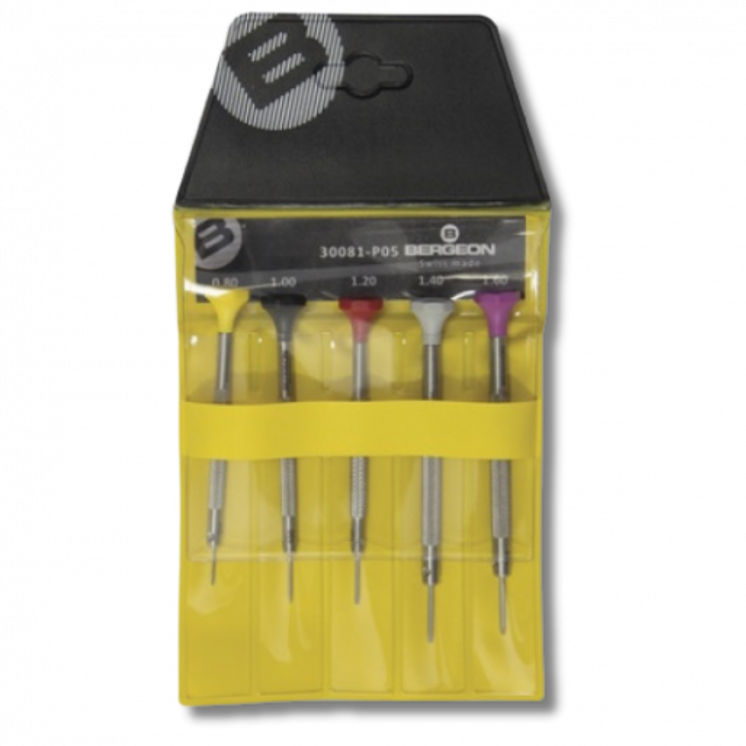 BERGEON - Assortiment de 5 tournevis en acier inox, avec tête ergonomique en POM, livré en pochette plastique