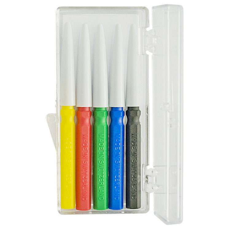BERGEON - Assortiment de 5 pique-huile d'horloger, en coffret plastique