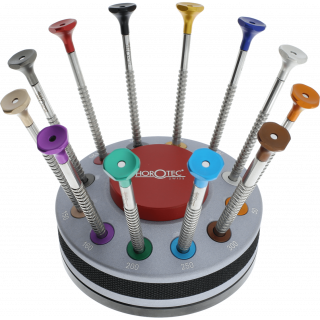HOROTEC - Assortiment de 12 tournevis d'horloger sur socle tournant en aluminium massif