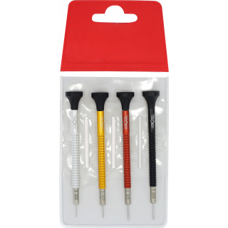 HOROTEC - Assortiment de 4 tournevis d'horloger, avec manche moleté en aluminium eloxé, en pochette