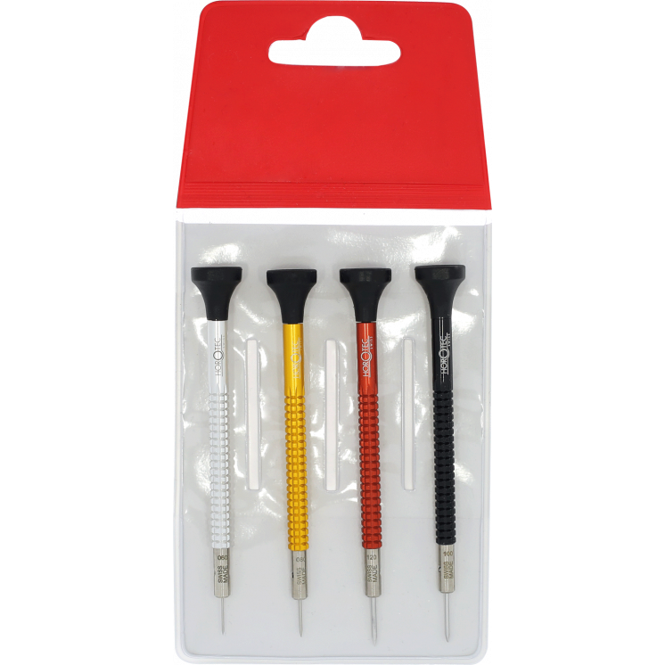 HOROTEC - Assortiment de 4 tournevis d'horloger, avec manche moleté en aluminium eloxé, en pochette