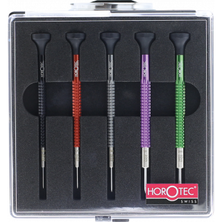 HOROTEC - Assortiment de 5 tournevis d'horloger en aluminium eloxé, en coffret plastique