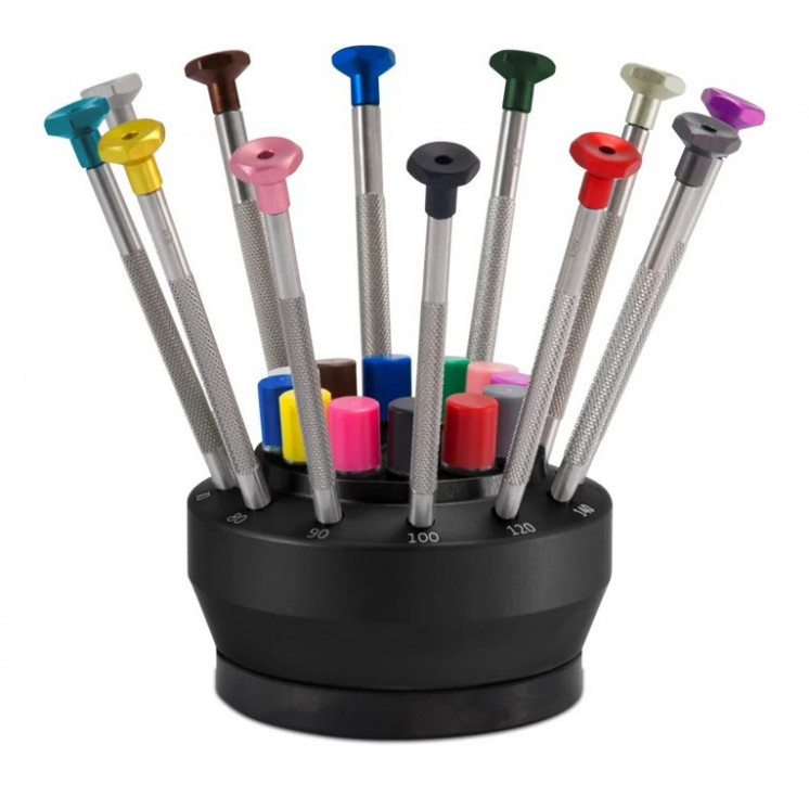 BECO TECHNIC - Assortiment de 12 tournevis en acier inoxydable sur socle tournant en aluminium