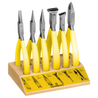 BERGEON - Assortiment de 6 pinces à becs striés sur socle bois