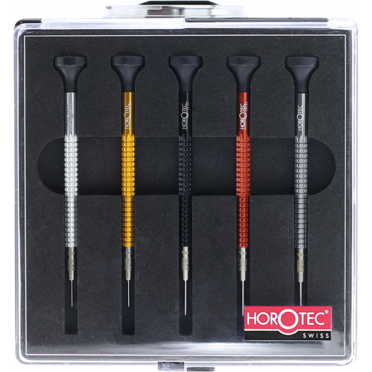 HOROTEC - Assortiment de 5 tournevis d'horloger en aluminium eloxé, en coffret plastique