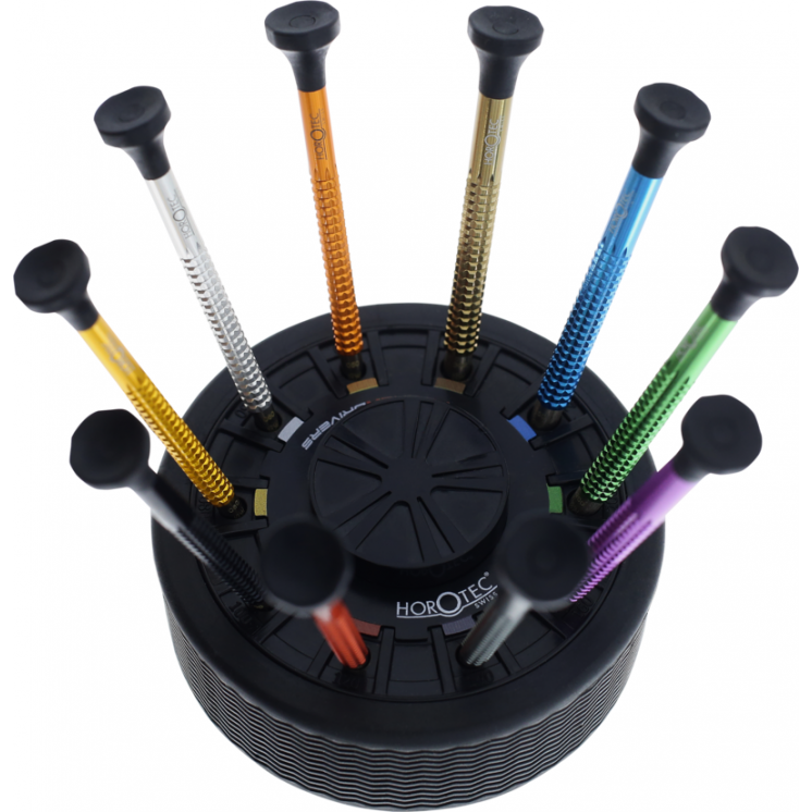 HOROTEC - Socle tournant d'horloger avec 10 tournevis en aluminium eloxé